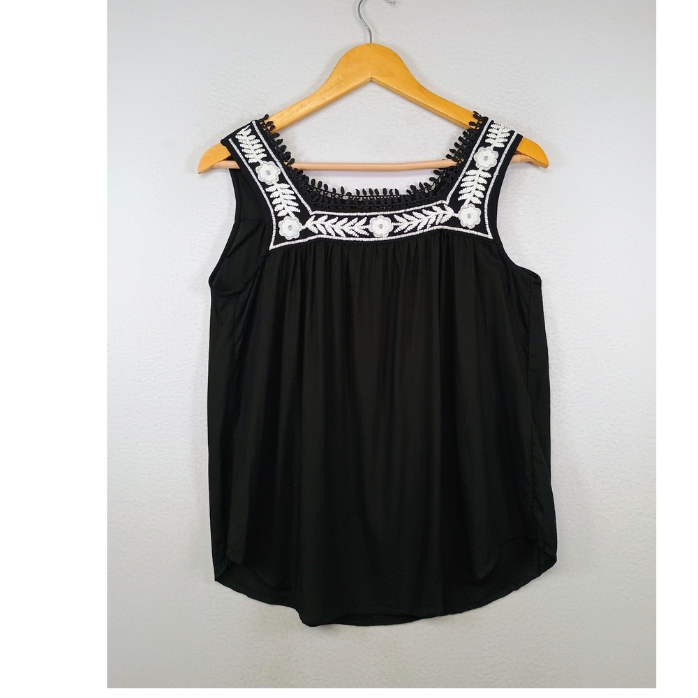 Boho Cottagecore Faith & Zoe Women Small Black Embroidered Lace Trim Tank Top